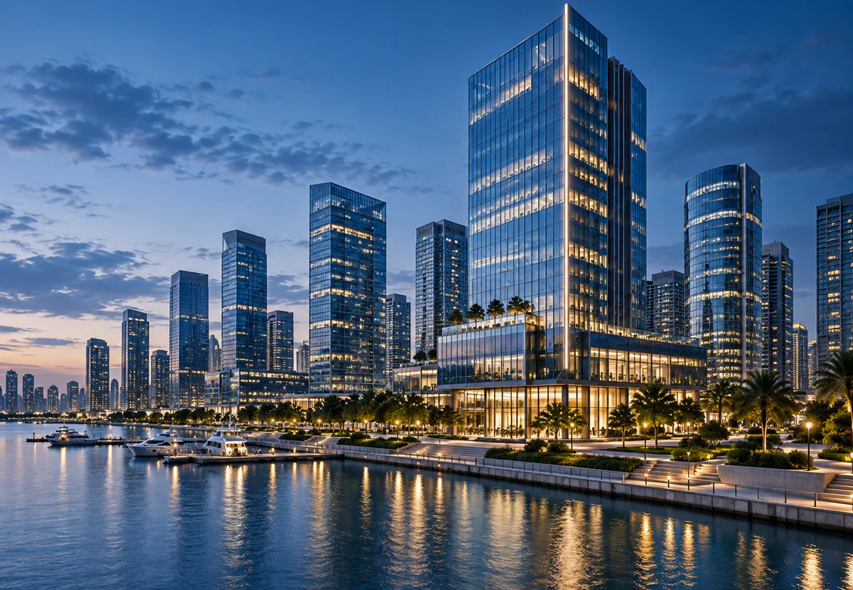 Illustrative premium glass office towers at dusk