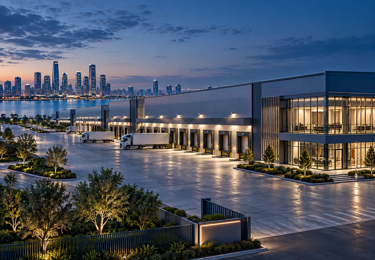 Illustrative modern logistics warehouse with loading bays at twilight